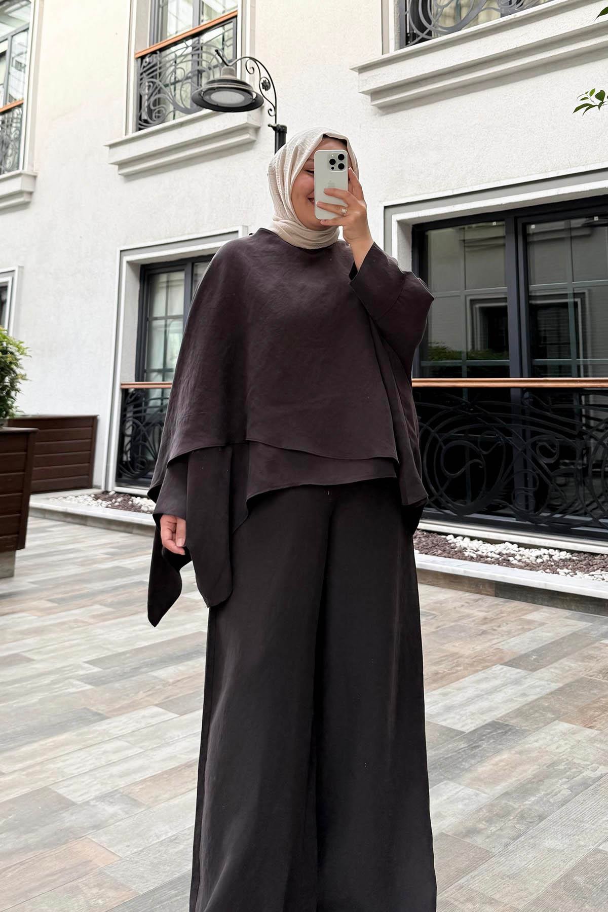 Omuz Şal Detaylı Pantolon Takım Kahve Rengi