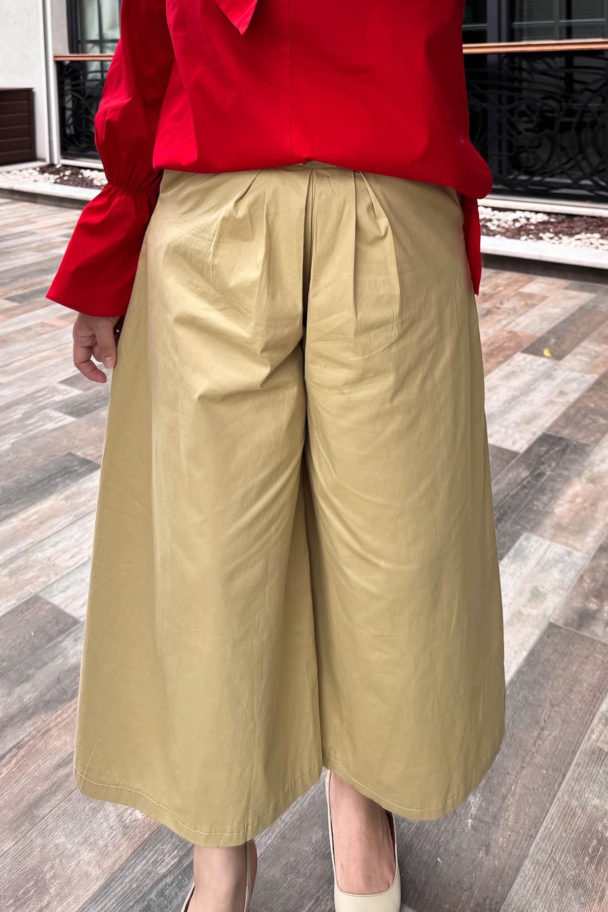 Poplin Bol Paça Kemerli Pantolon Bej