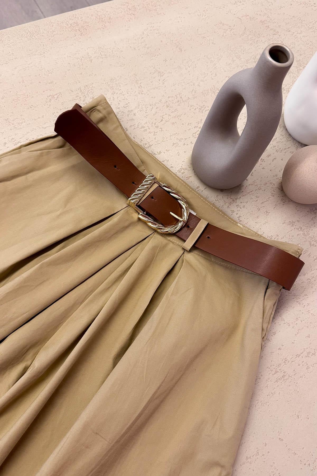 Poplin Bol Paça Kemerli Pantolon Bej