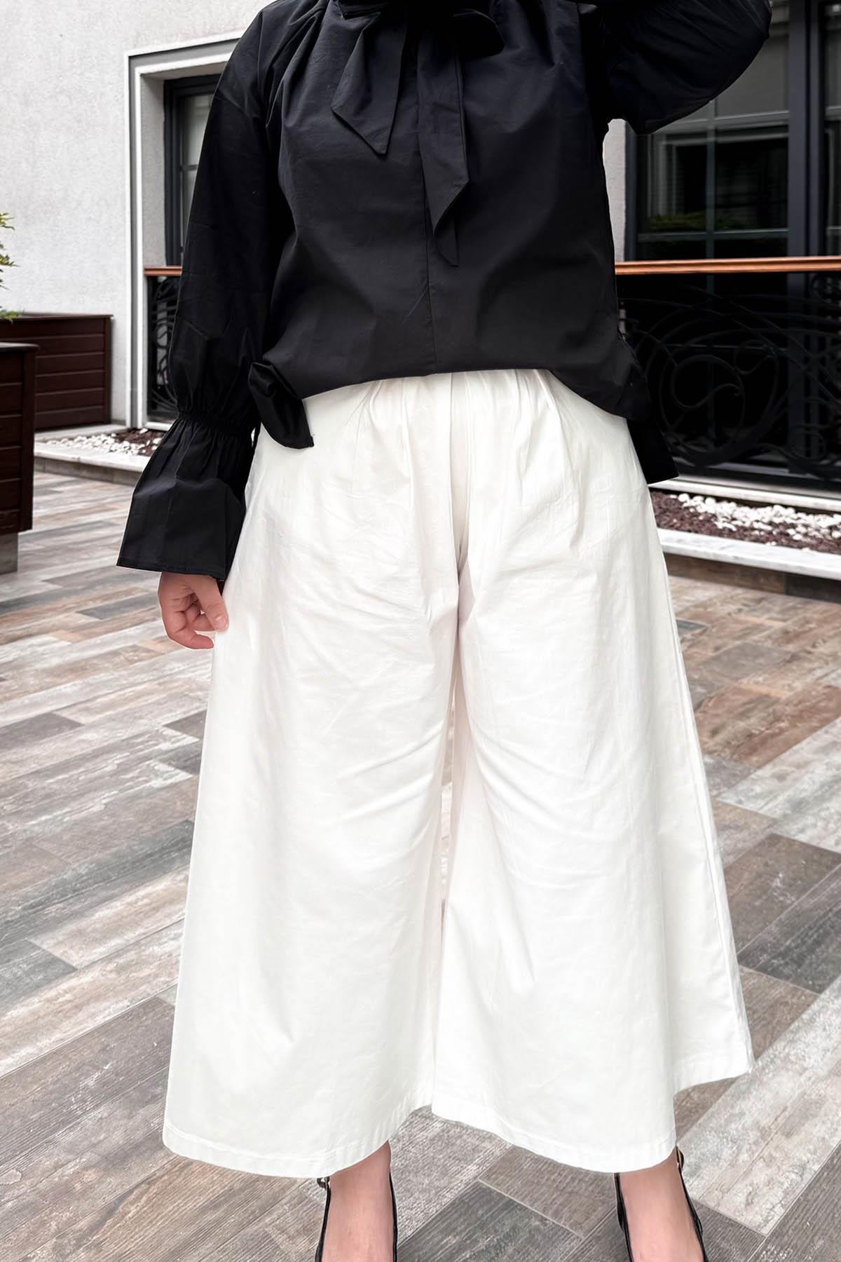 Poplin Bol Paça Kemerli Pantolon Beyaz