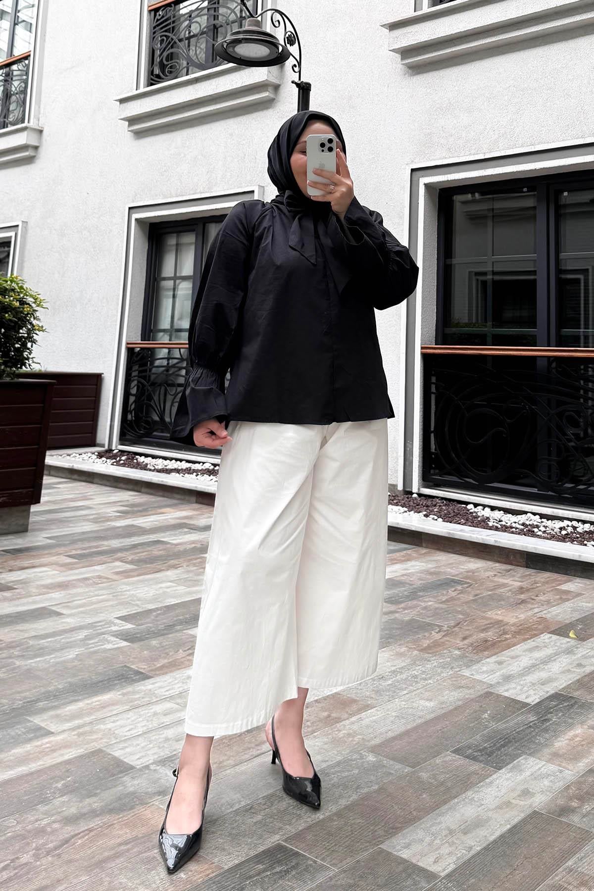Poplin Bol Paça Kemerli Pantolon Beyaz