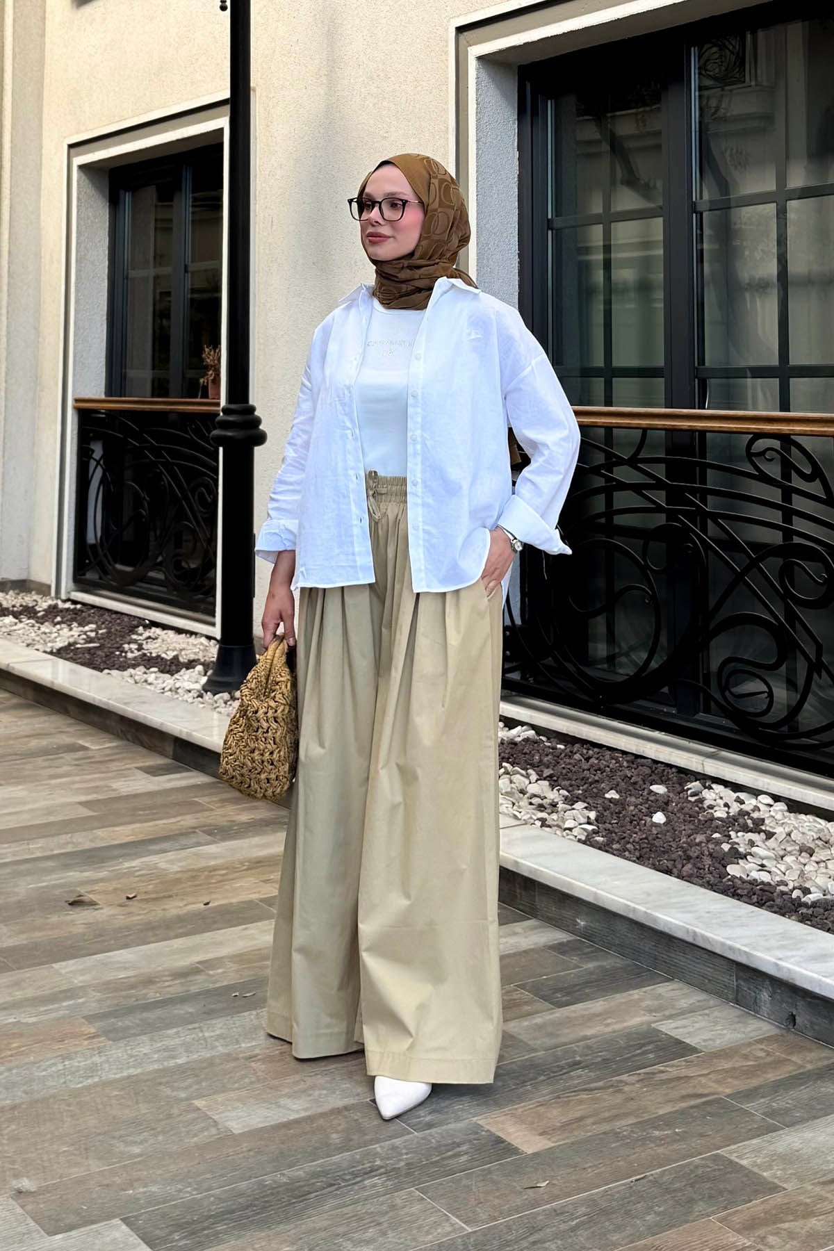 Poplin Lastikli Etek Pantolon Camel