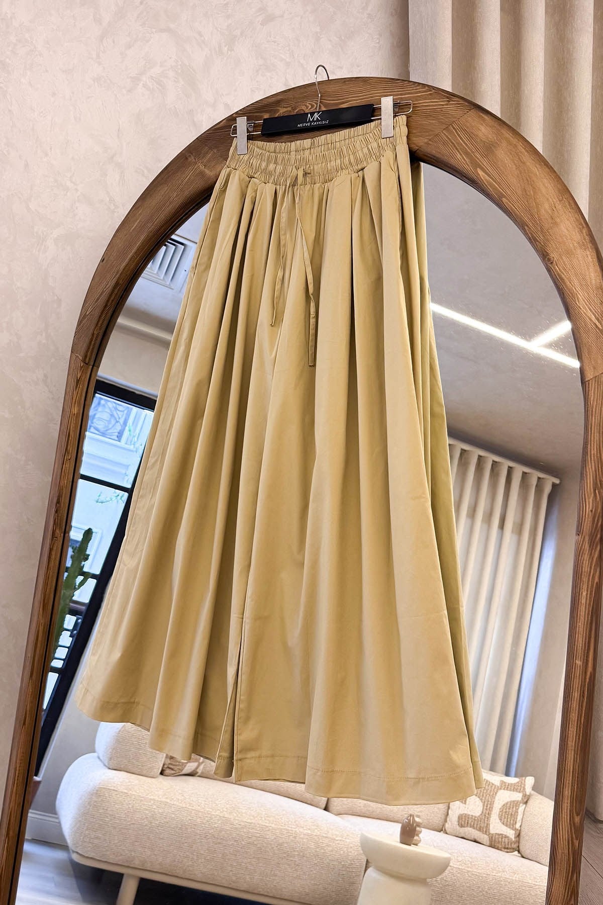 Poplin Lastikli Etek Pantolon Camel