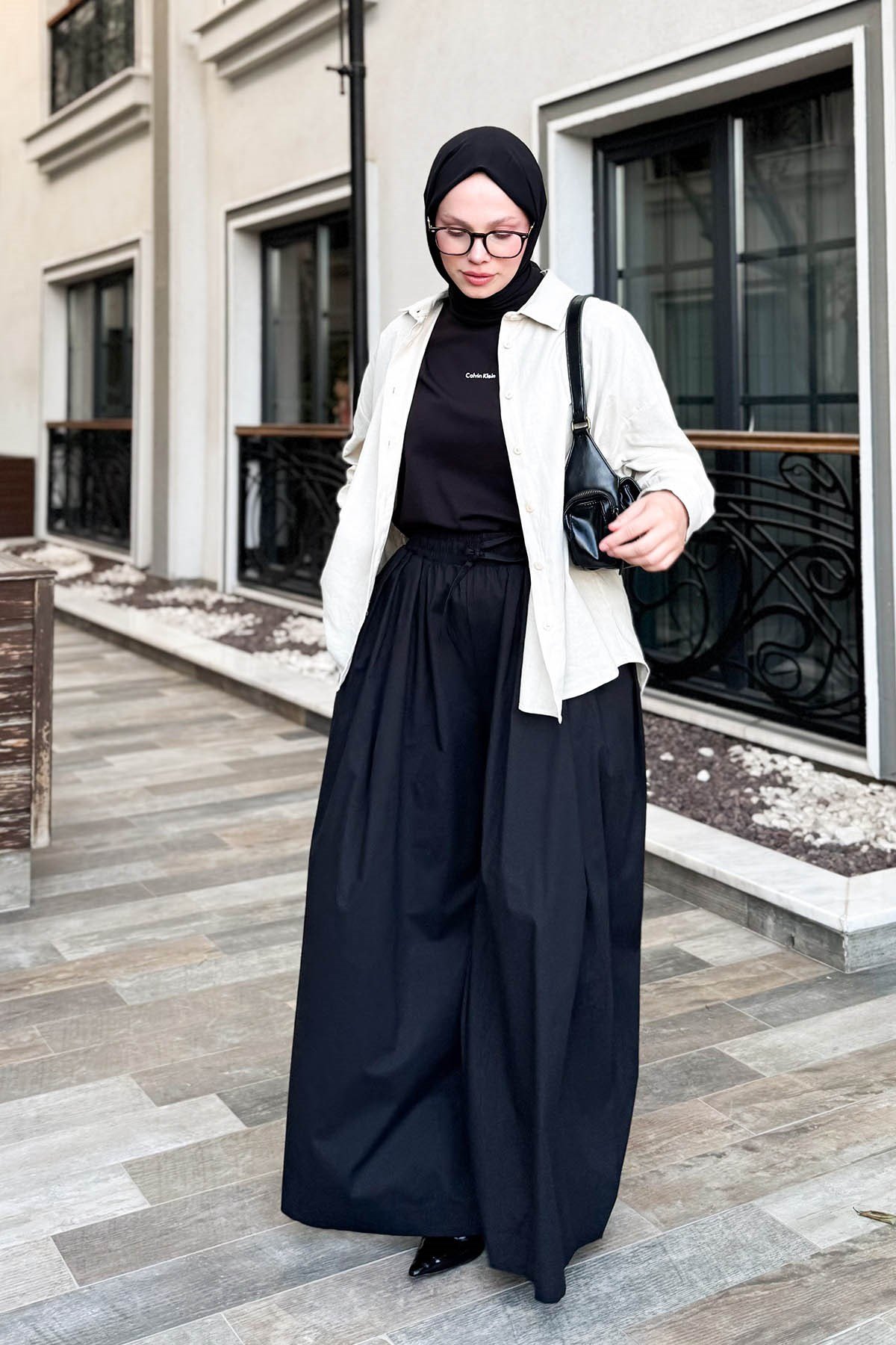 Poplin Lastikli Etek Pantolon Siyah