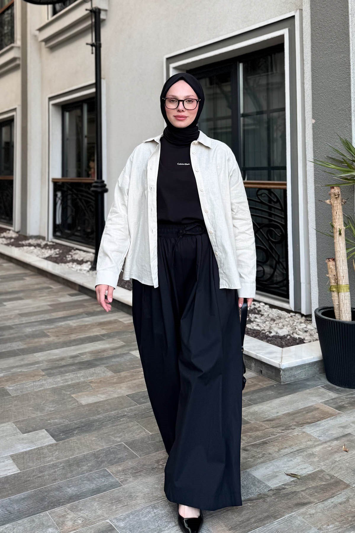 Poplin Lastikli Etek Pantolon Siyah