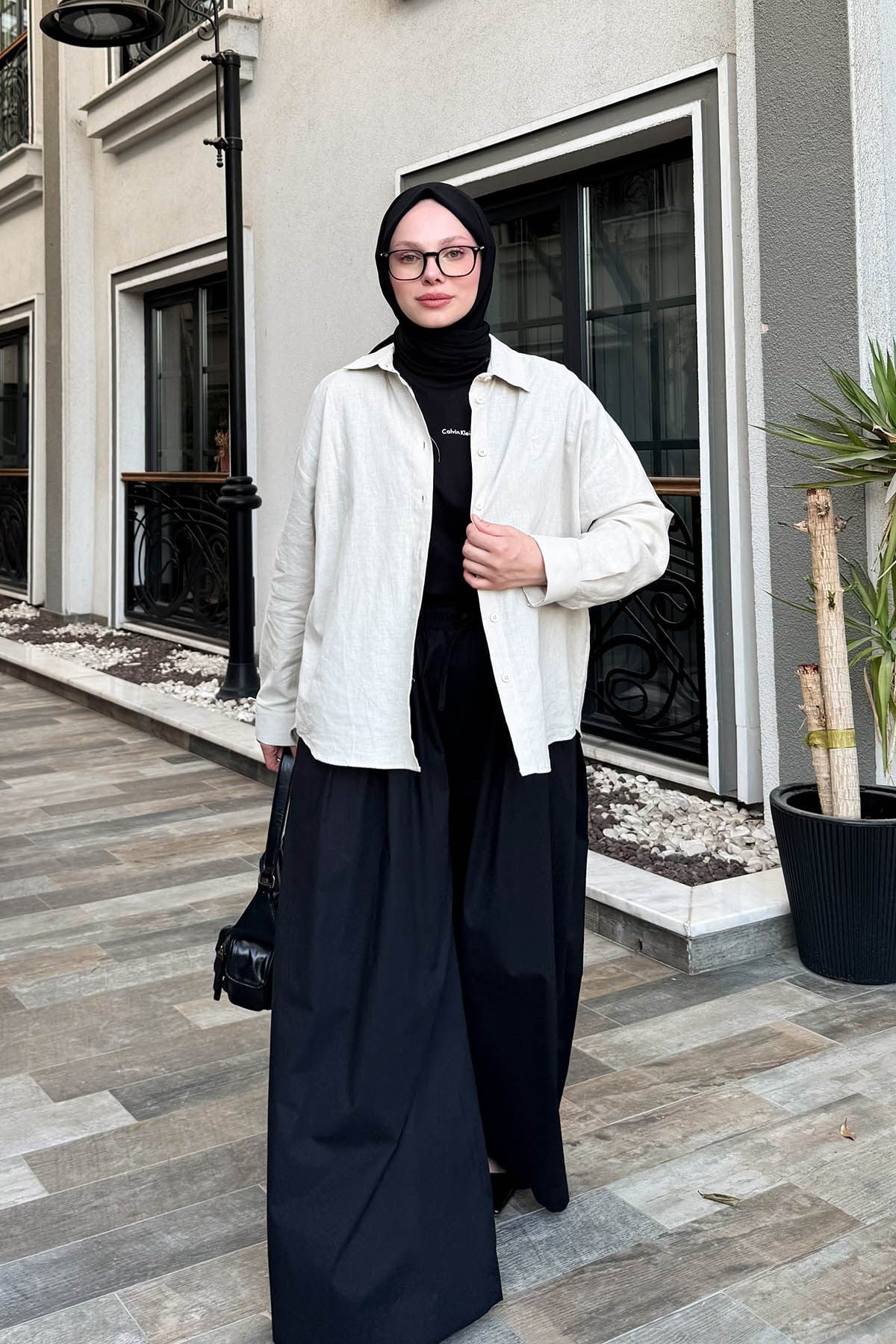 Poplin Lastikli Etek Pantolon Siyah