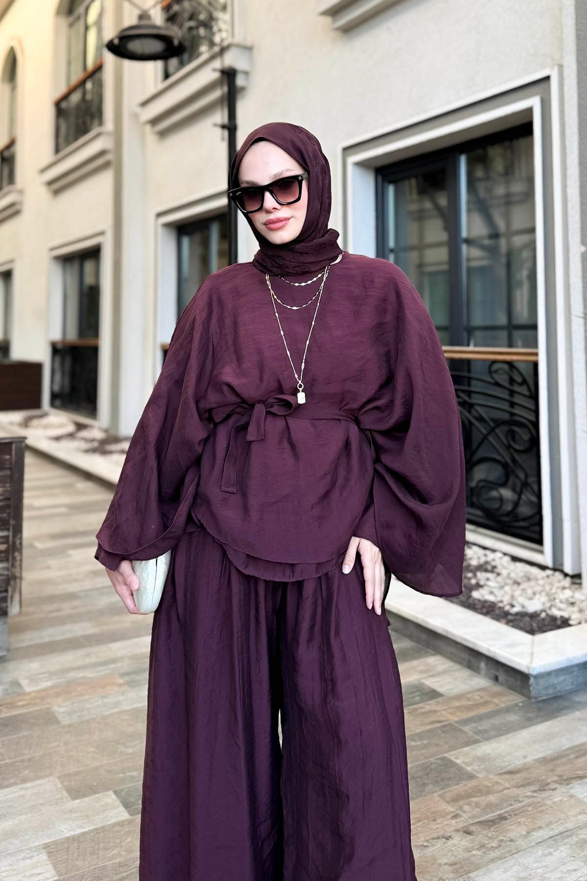 Tül Modal Pantolonlu Takım Bordo