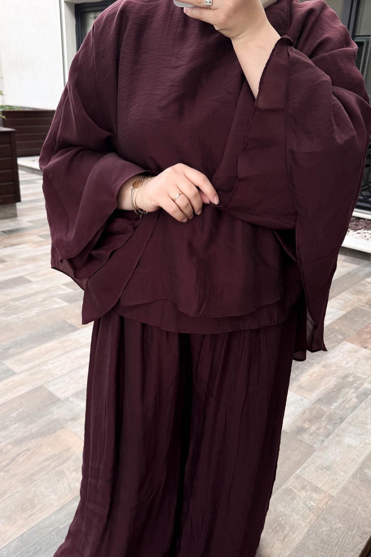 Tül Modal Pantolonlu Takım Bordo