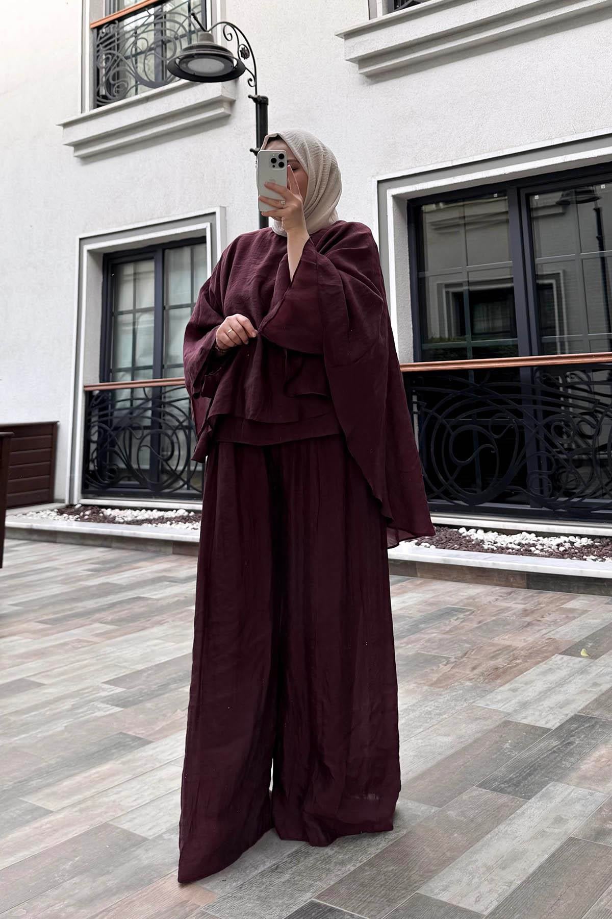 Tül Modal Pantolonlu Takım Bordo