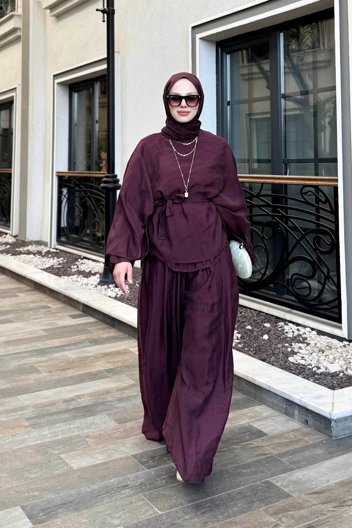 Tül Modal Pantolonlu Takım Bordo