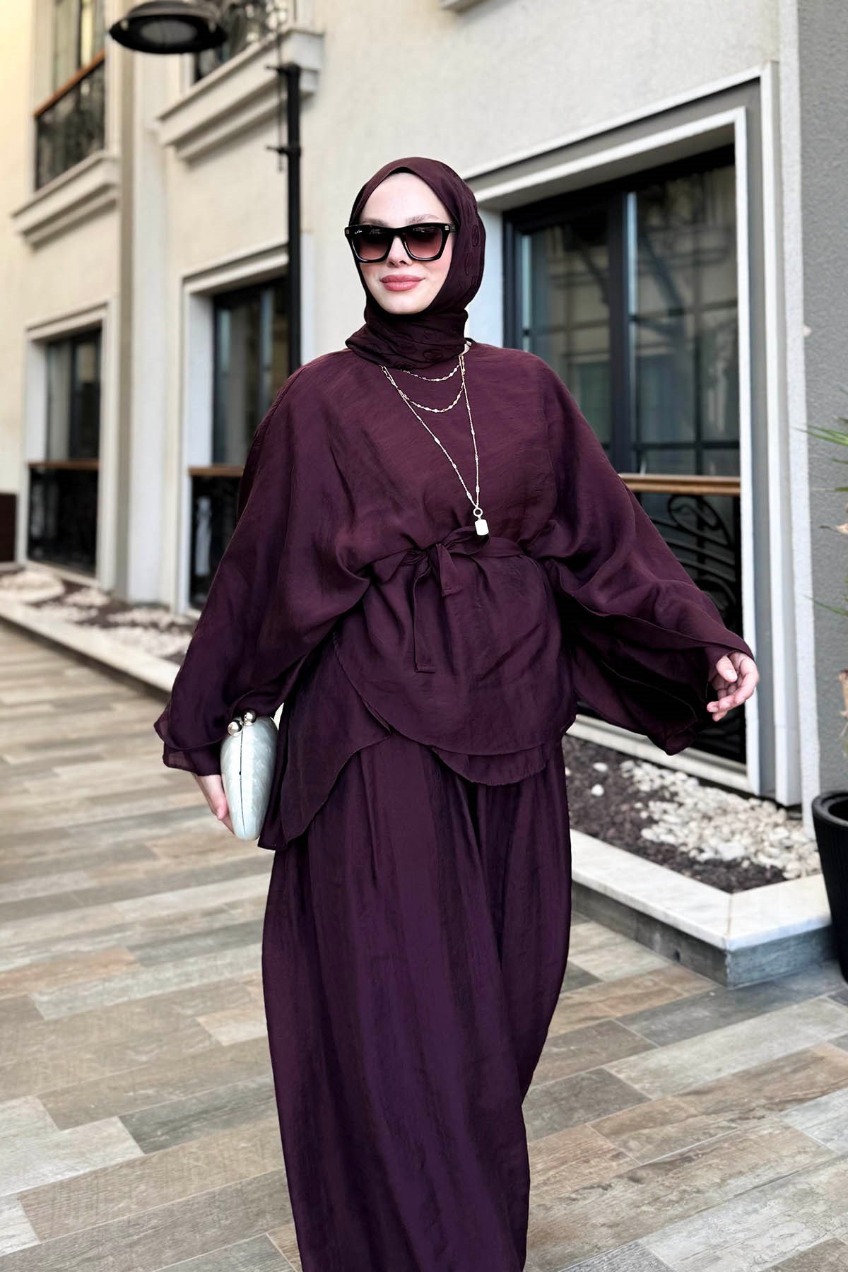 Tül Modal Pantolonlu Takım Bordo