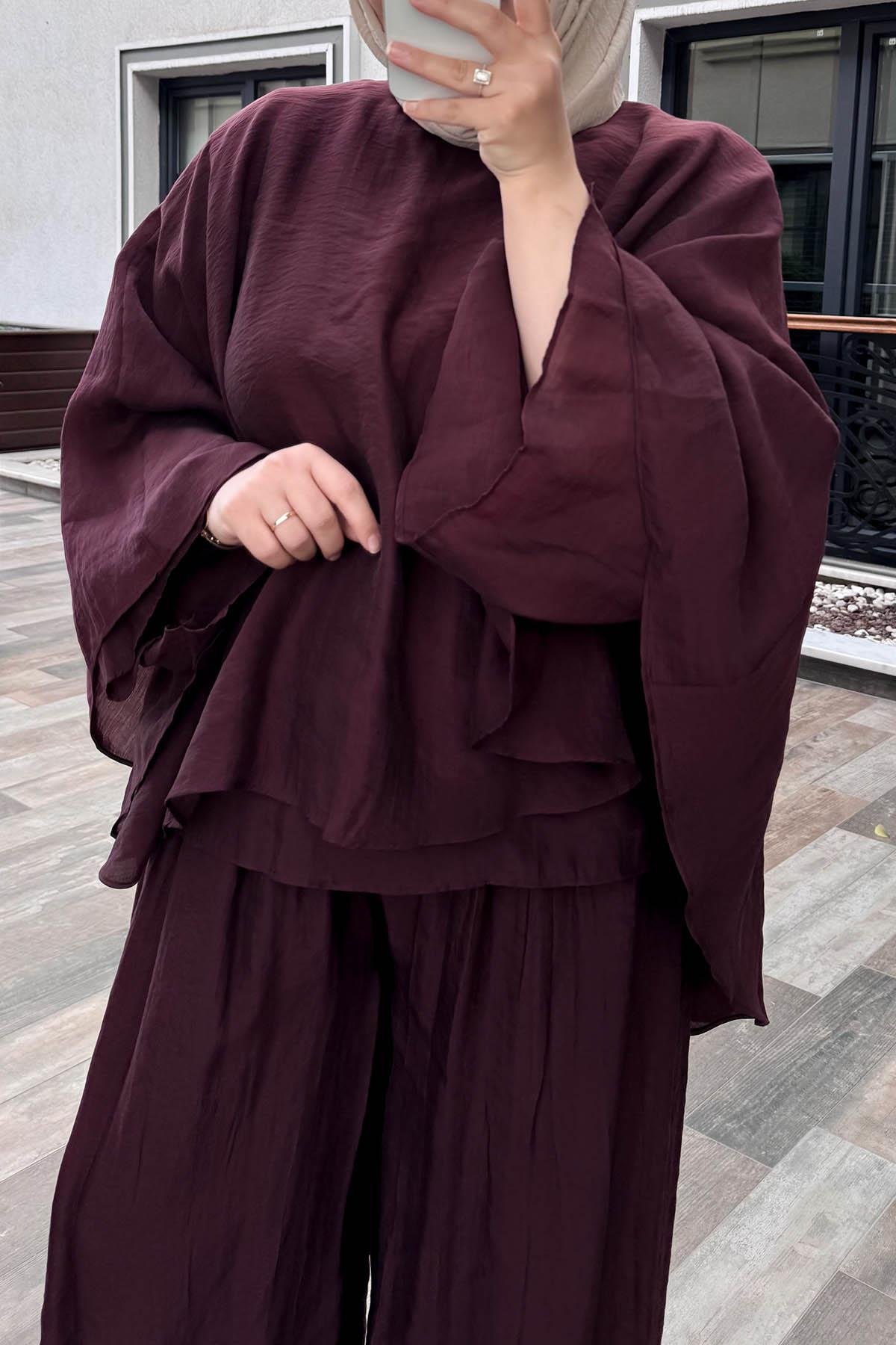 Tül Modal Pantolonlu Takım Bordo