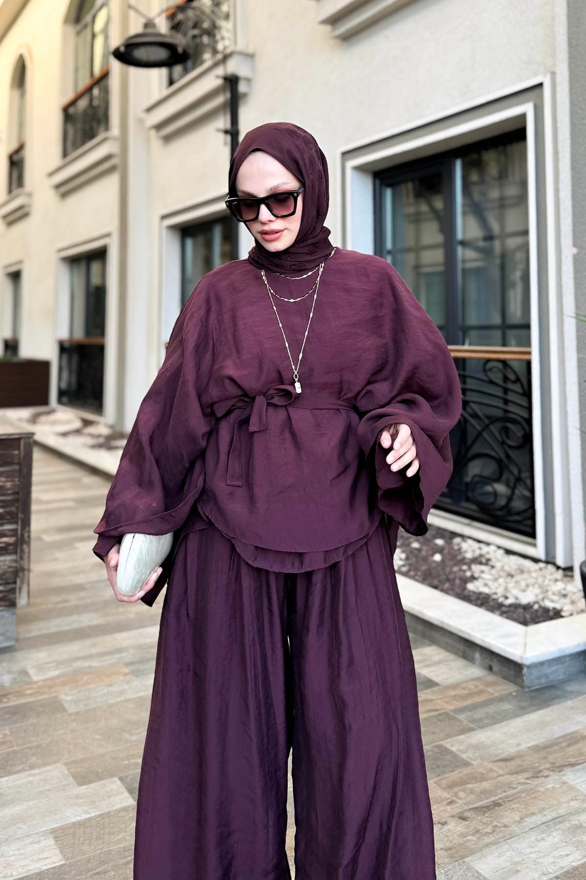 Tül Modal Pantolonlu Takım Bordo