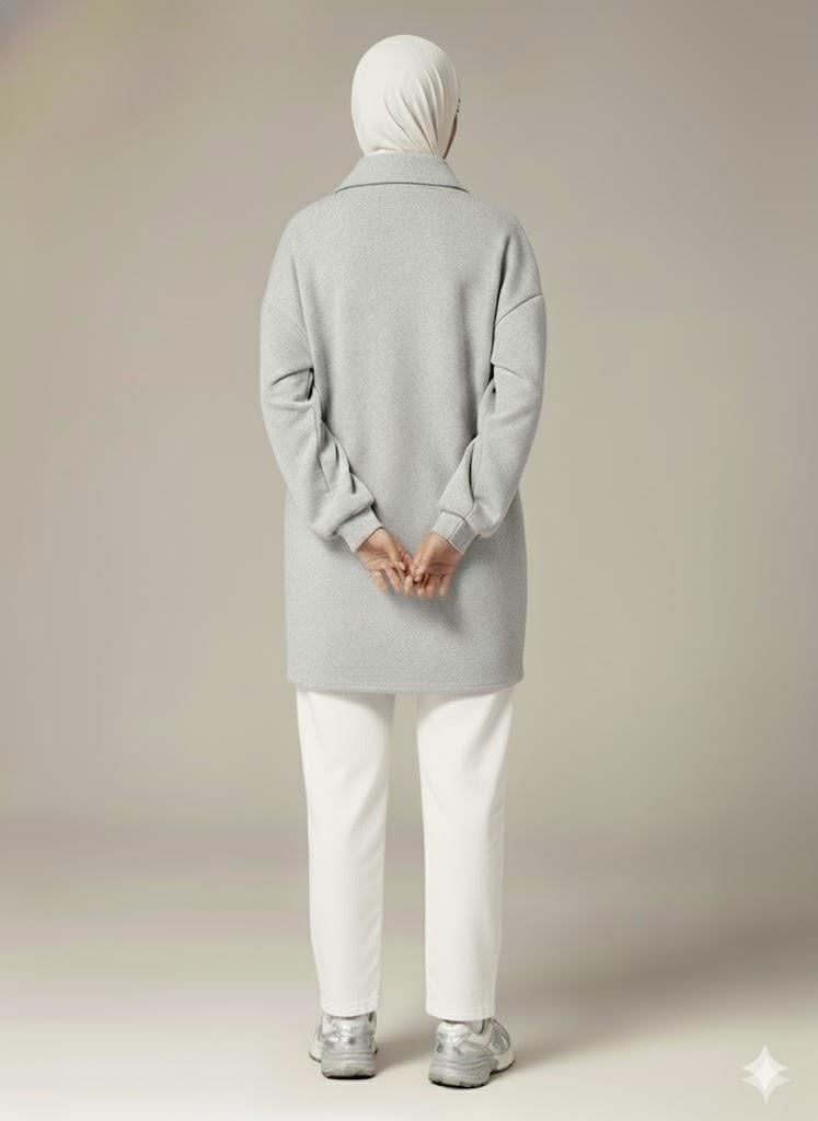 3 İplik Şardonlu Gri Oversize Fermuarlı Tunik Sweatshirt - Günlük Spor Elbise