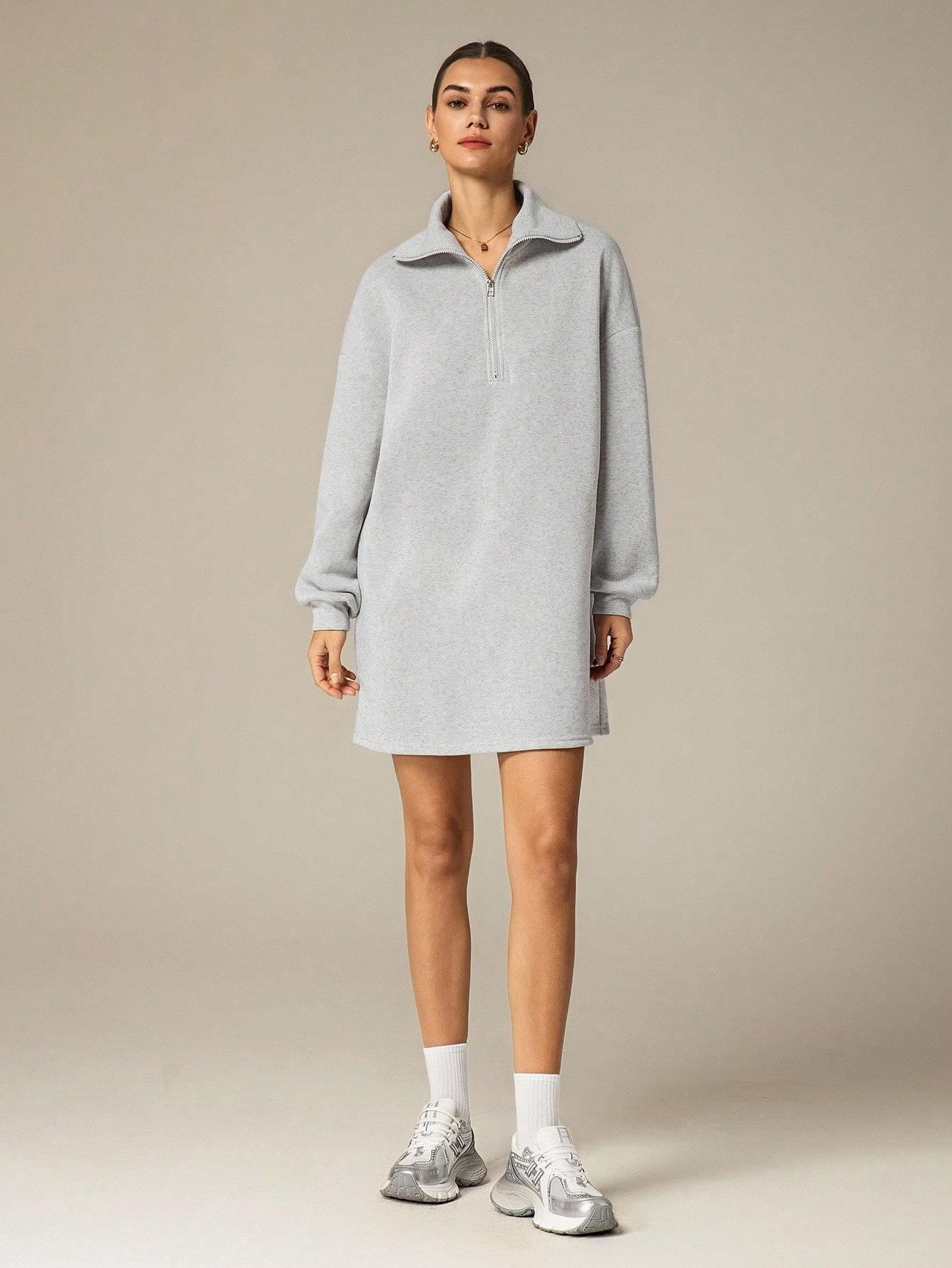 3 İplik Şardonlu Gri Oversize Fermuarlı Tunik Sweatshirt - Günlük Spor Elbise