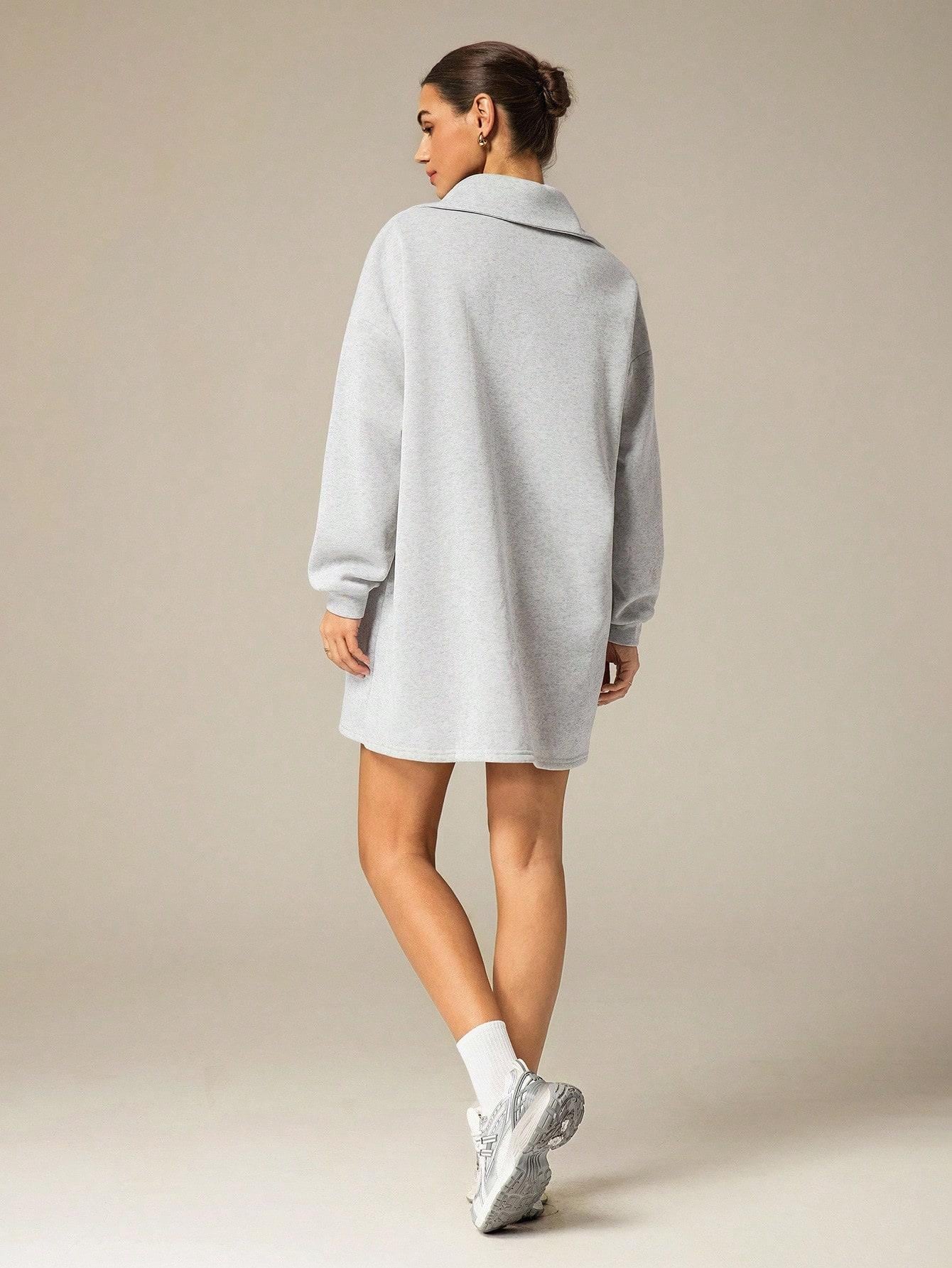 3 İplik Şardonlu Gri Oversize Fermuarlı Tunik Sweatshirt - Günlük Spor Elbise