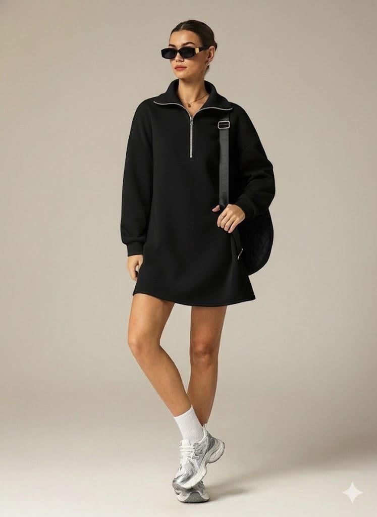 3 İplik Şardonlu Siyah Oversize Fermuarlı Tunik Sweatshirt - Günlük Spor Elbise
