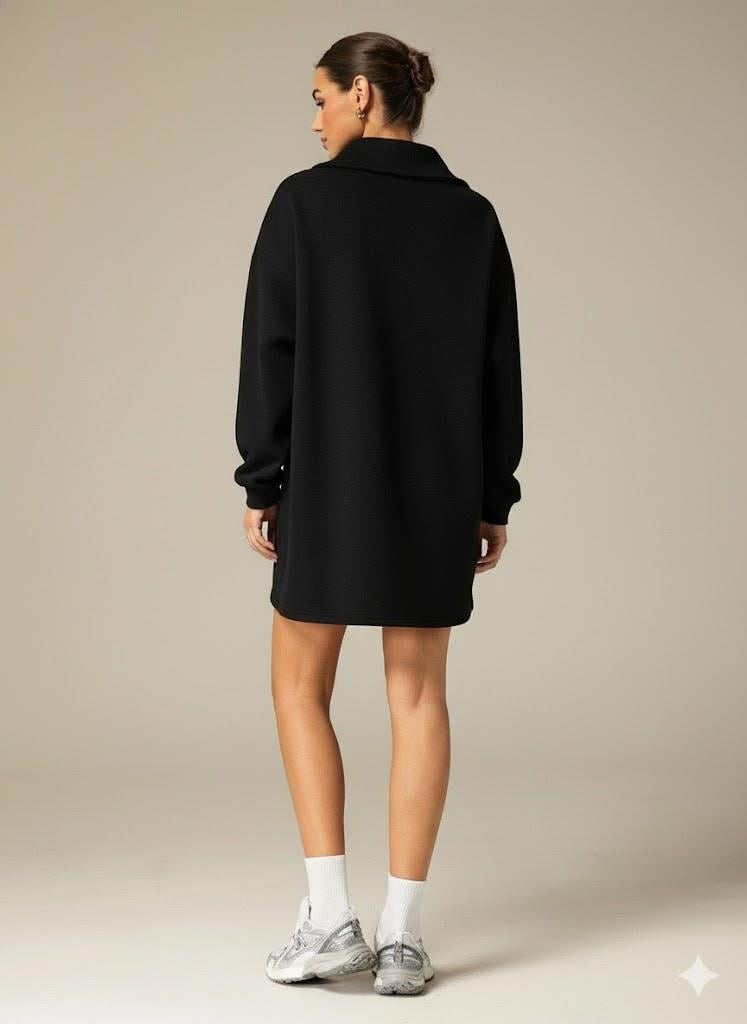 3 İplik Şardonlu Siyah Oversize Fermuarlı Tunik Sweatshirt - Günlük Spor Elbise