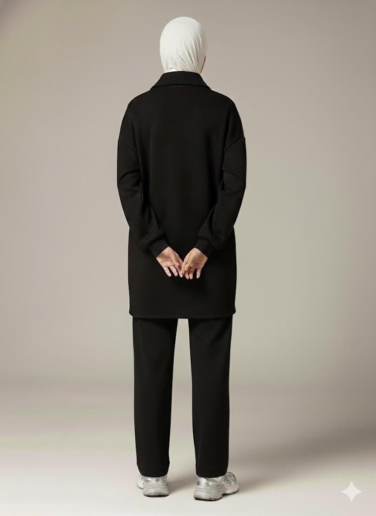 3 İplik Şardonlu Siyah Oversize Fermuarlı Tunik Sweatshirt - Günlük Spor Elbise