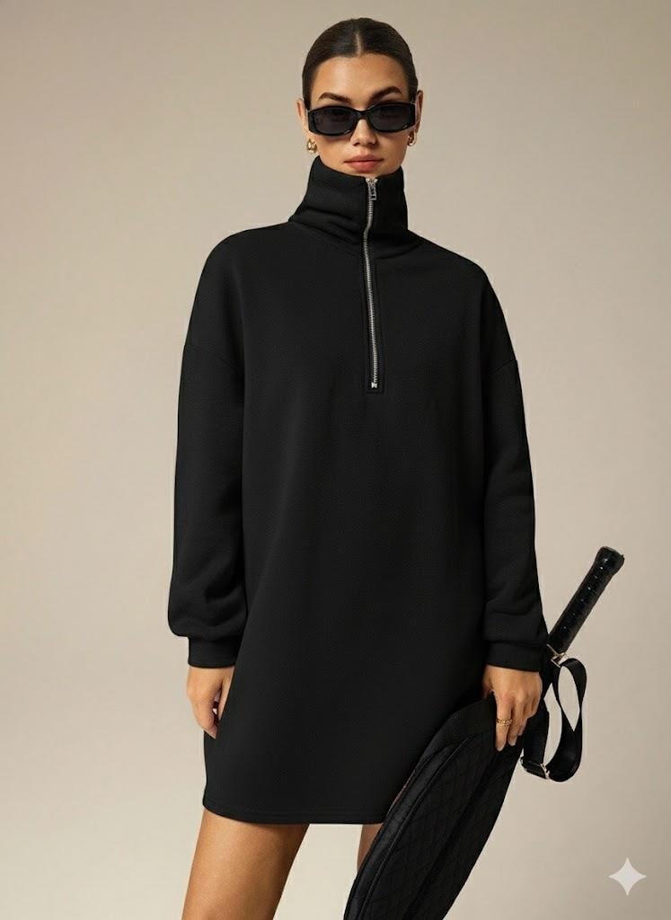 3 İplik Şardonlu Siyah Oversize Fermuarlı Tunik Sweatshirt - Günlük Spor Elbise
