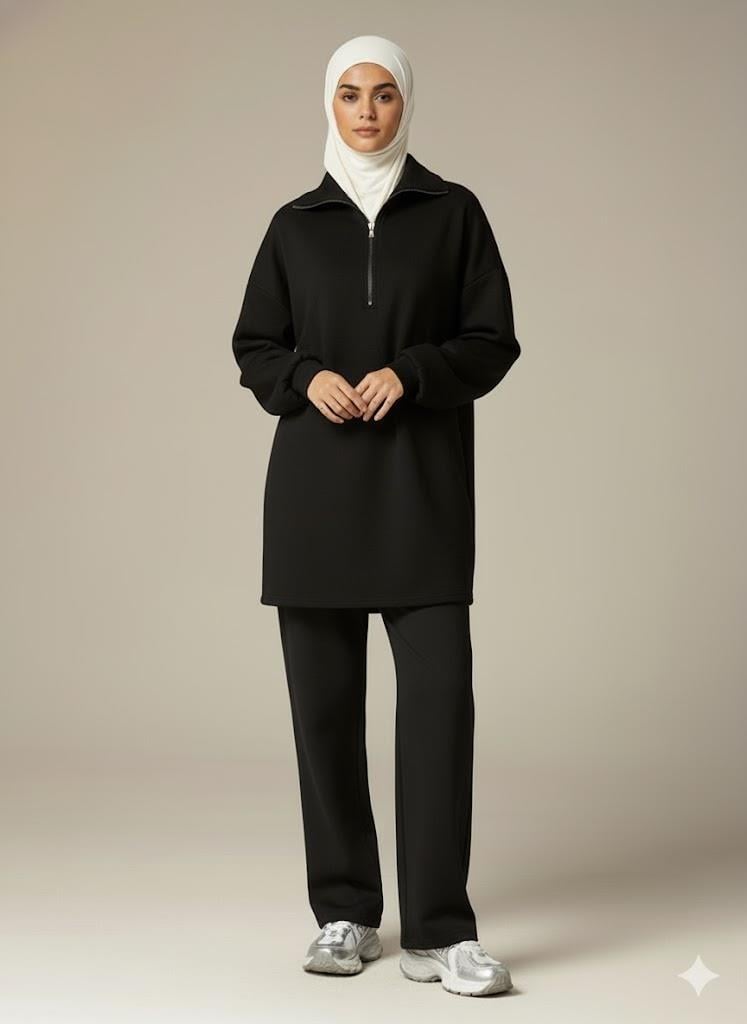 3 İplik Şardonlu Siyah Oversize Fermuarlı Tunik Sweatshirt - Günlük Spor Elbise