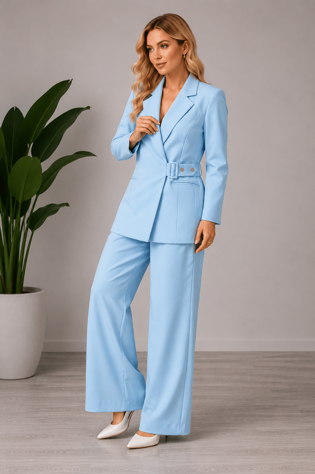 Afri Bebe Mavi Kadın Kemer Detaylı Blazer Ceket Palazzo Pantolon İkili Takım –  Günlük Kullanıma Uygun