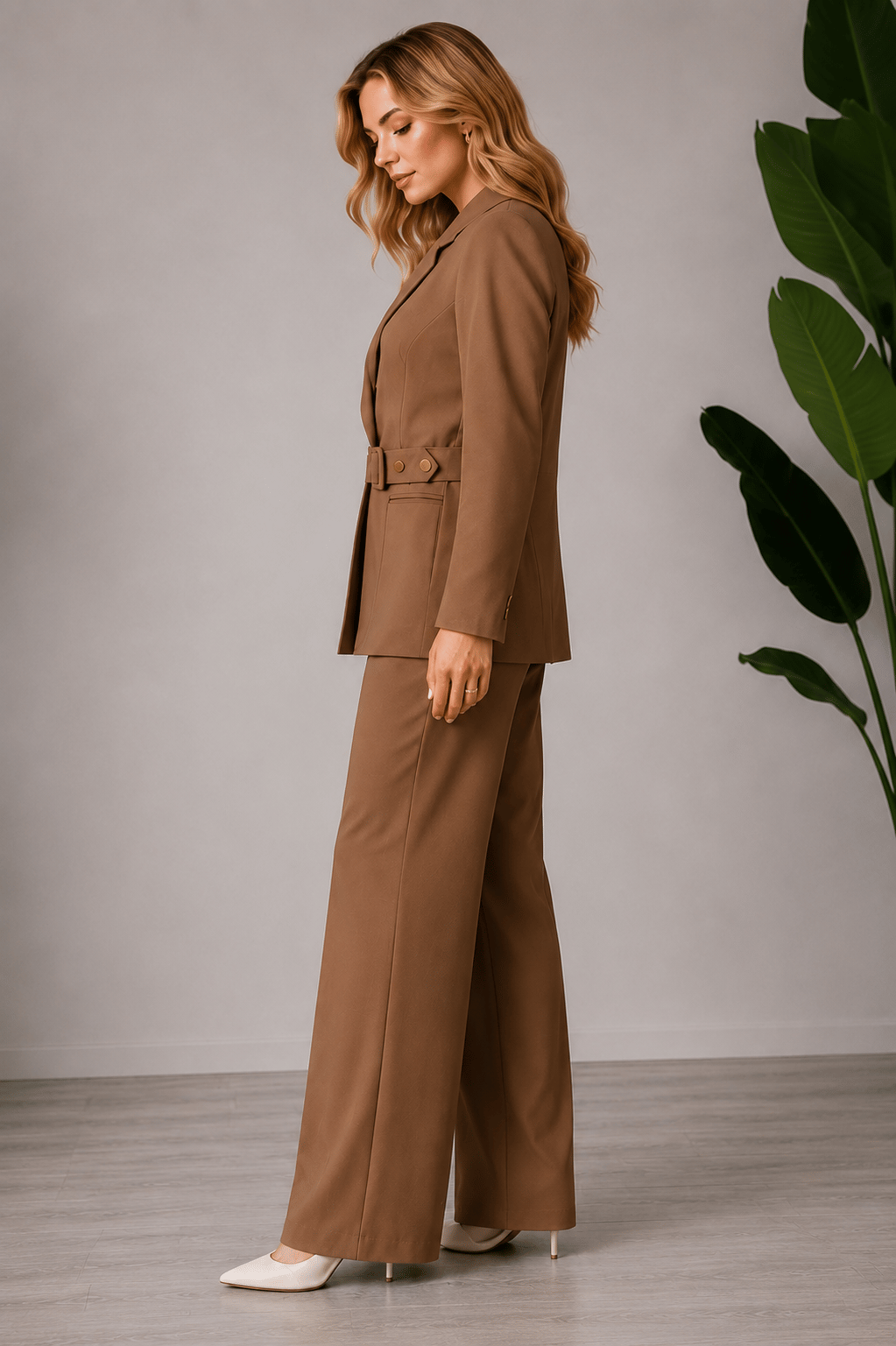 Afri Camel Kadın Kemer Detaylı Blazer Ceket Palazzo Pantolon İkili Takım –  Günlük Kullanıma Uygun