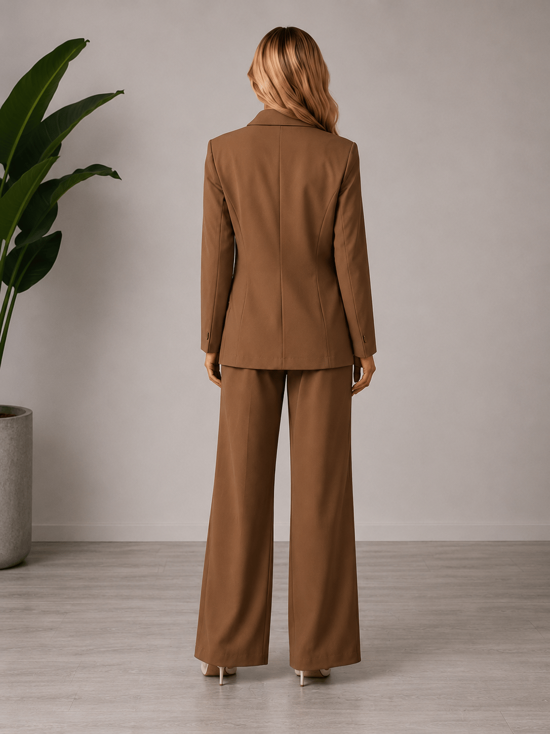 Afri Camel Kadın Kemer Detaylı Blazer Ceket Palazzo Pantolon İkili Takım –  Günlük Kullanıma Uygun