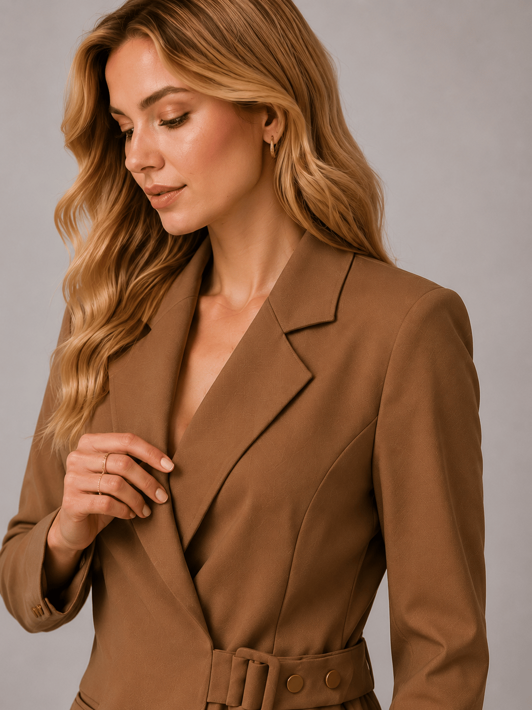 Afri Camel Kadın Kemer Detaylı Blazer Ceket Palazzo Pantolon İkili Takım –  Günlük Kullanıma Uygun