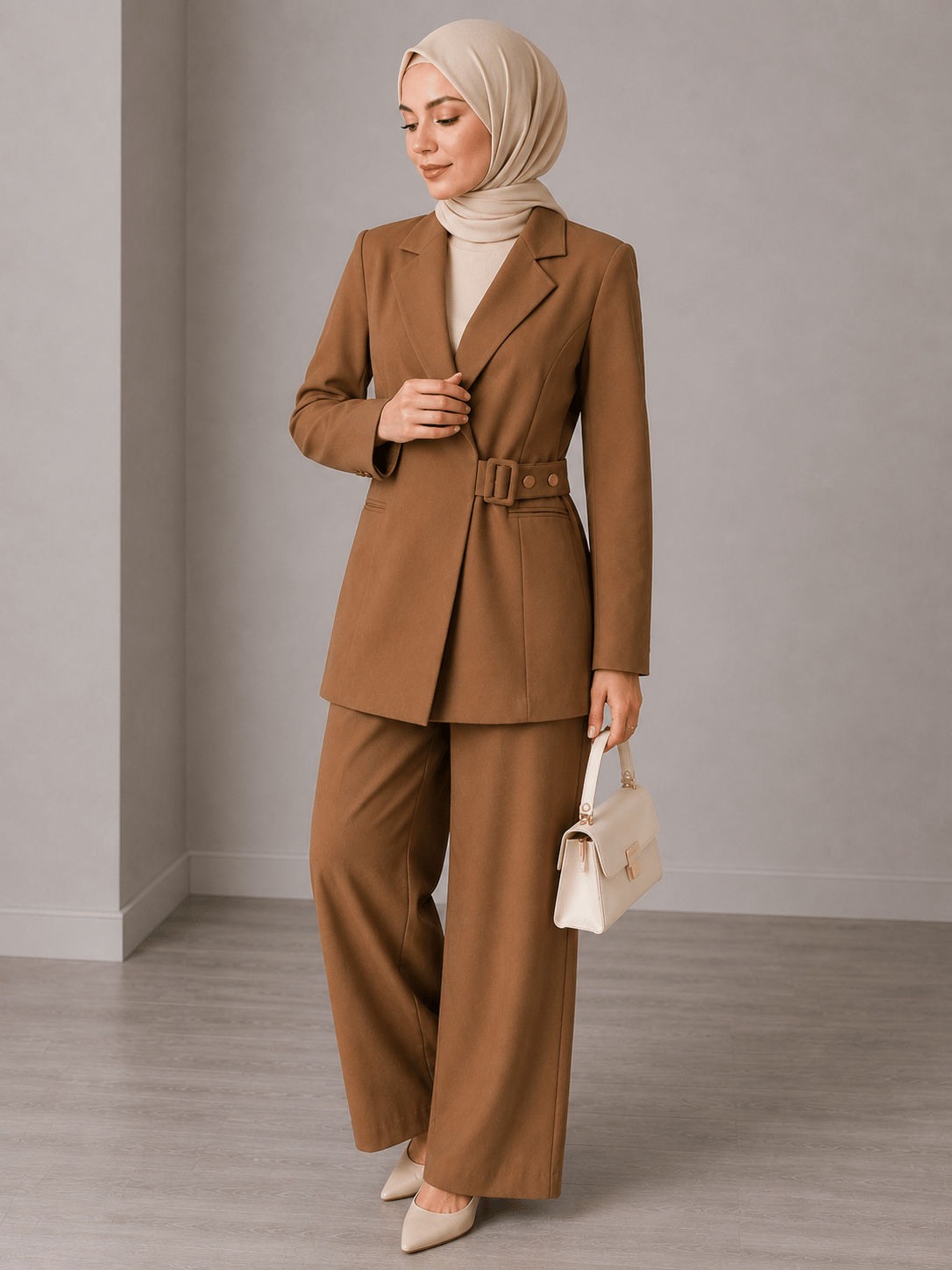 Afri Camel Kadın Kemer Detaylı Blazer Ceket Palazzo Pantolon İkili Takım –  Günlük Kullanıma Uygun