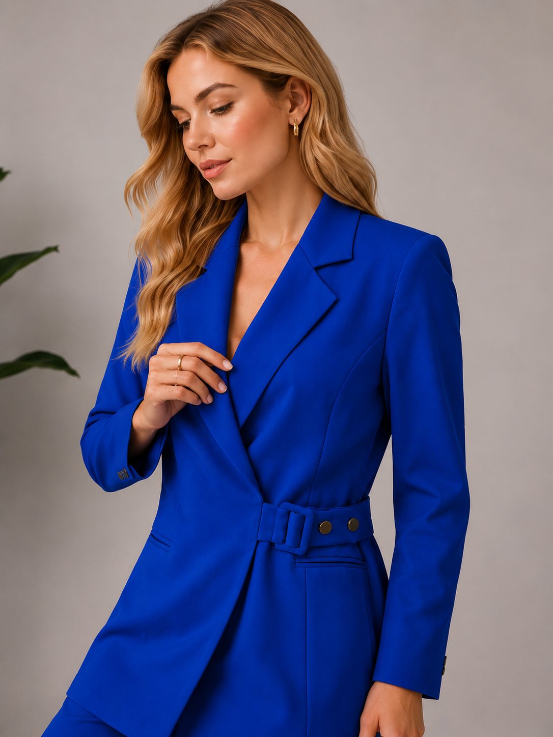 Afri Saks Mavi Kadın Kemer Detaylı Blazer Ceket Palazzo Pantolon İkili Takım –  Günlük Kullanıma Uygun