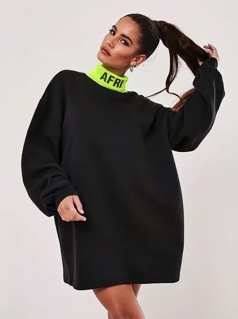 Afri Siyah Neon Yeşil Yaka Detaylı Oversize Balıkçı Yaka Kadın Sweatshirt Tunik