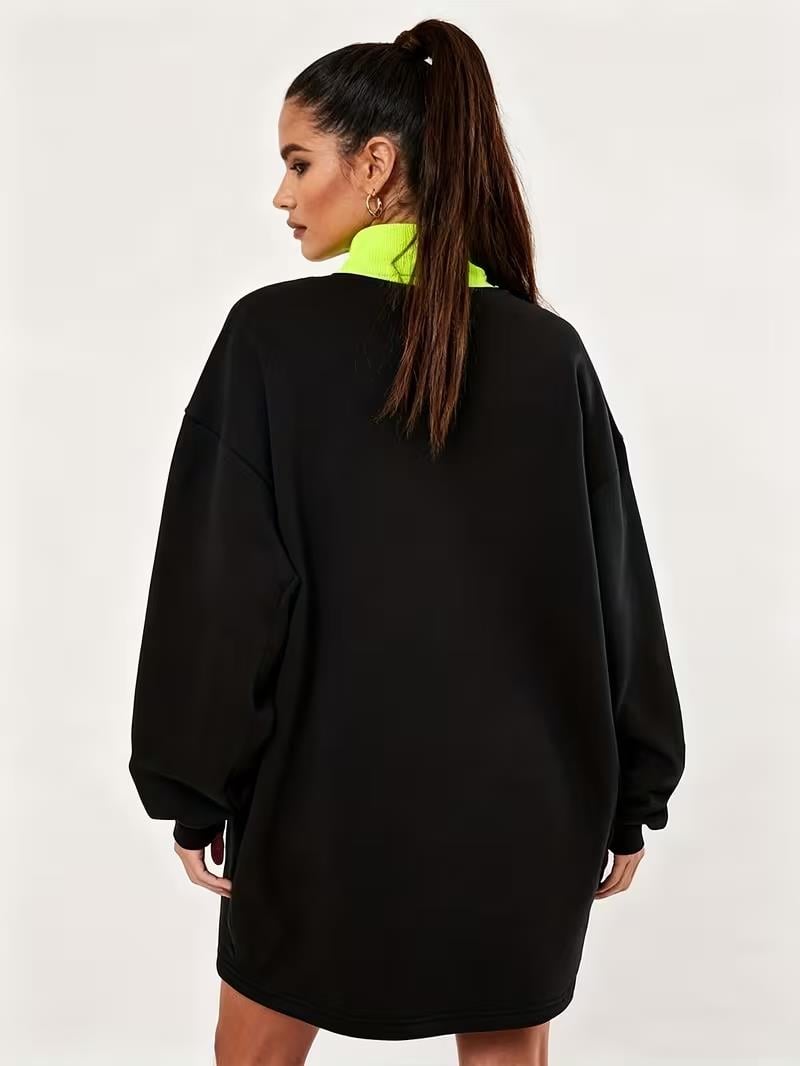 Afri Siyah Neon Yeşil Yaka Detaylı Oversize Balıkçı Yaka Kadın Sweatshirt Tunik