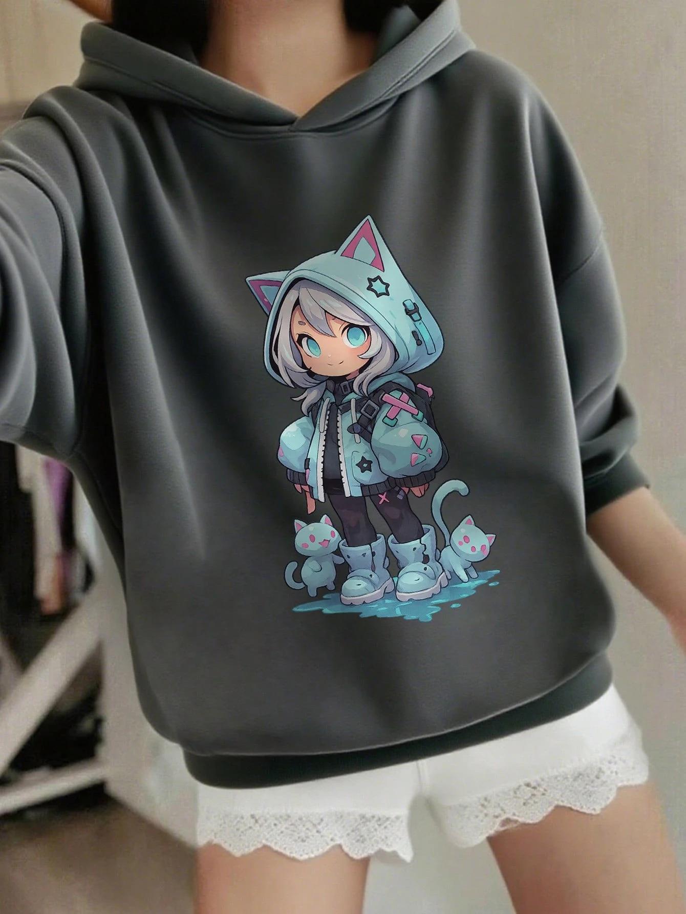 Anime Kedi Kız ve Kedi Baskılı Rahat Kesim Çocuk Sweatshirt