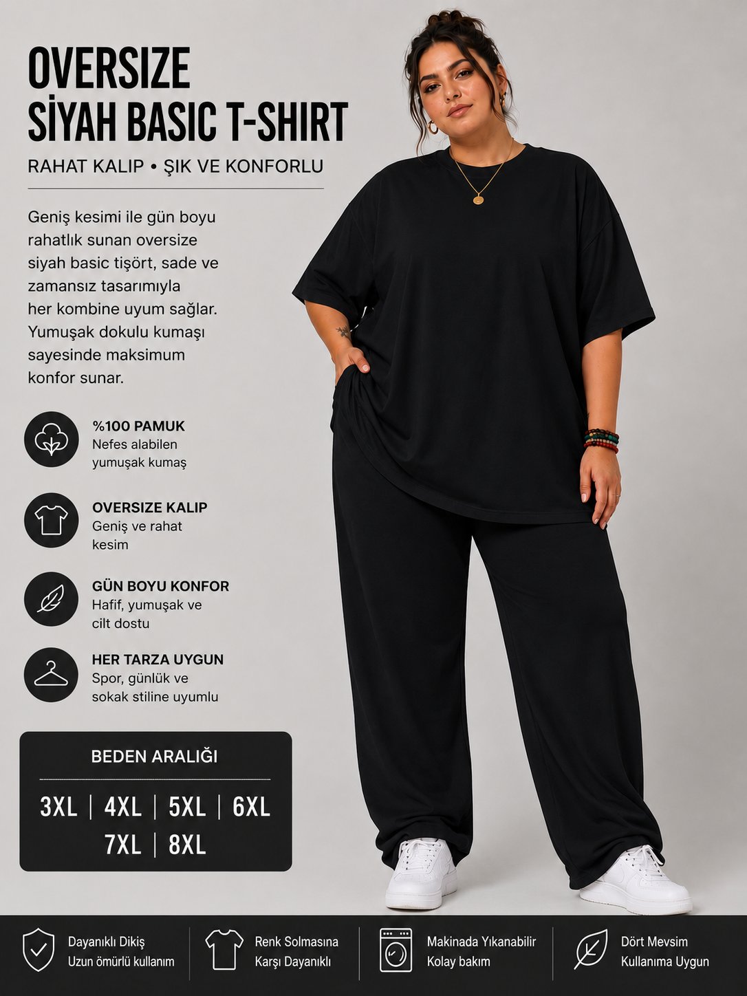 Battal Beden Oversize Siyah Basic T-Shirt – Rahat Kalıp %100 Pamuk Kadın Tişört