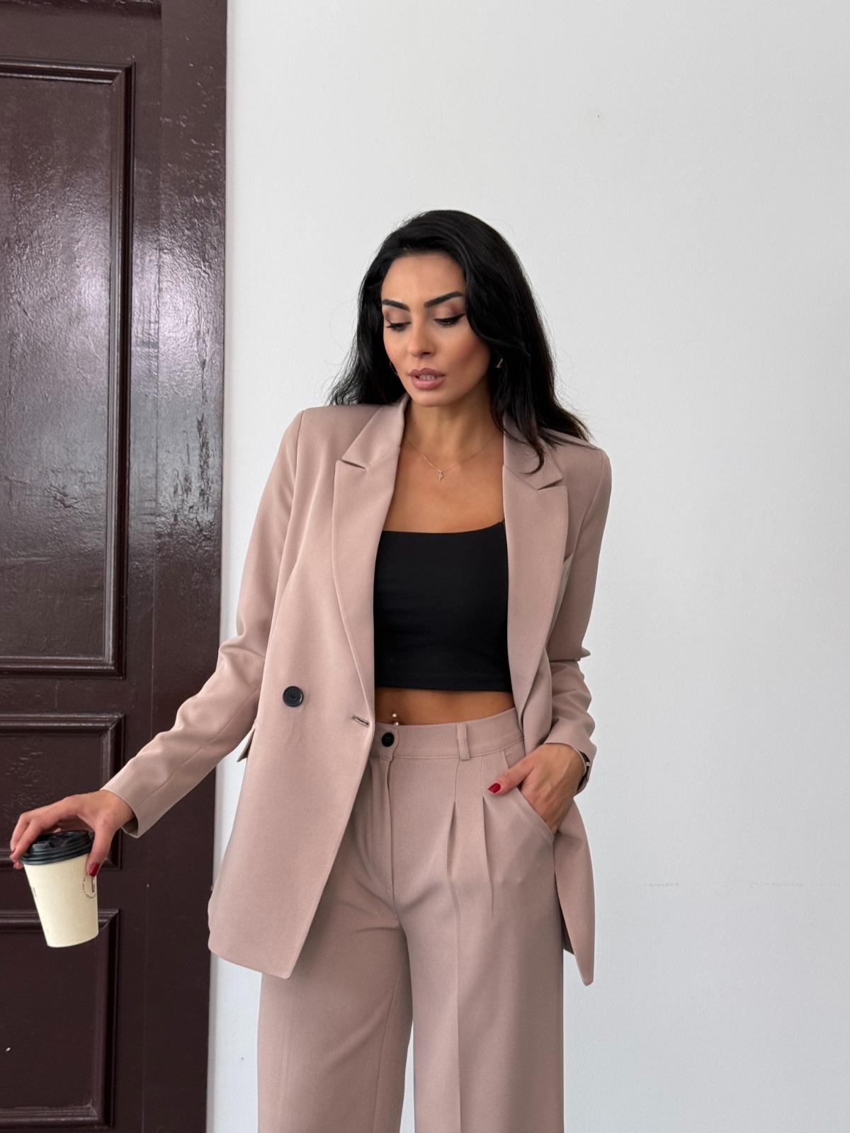 Bej Kadın Polly Viscon Takım – 1. Sınıf Kumaş Blazer Ceket & Palazzo Pantolon İkili Takım