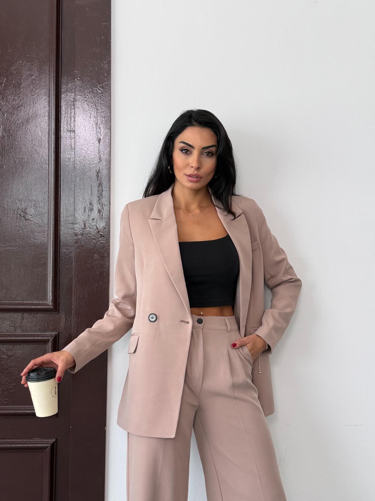 Bej Kadın Polly Viscon Takım – 1. Sınıf Kumaş Blazer Ceket & Palazzo Pantolon İkili Takım