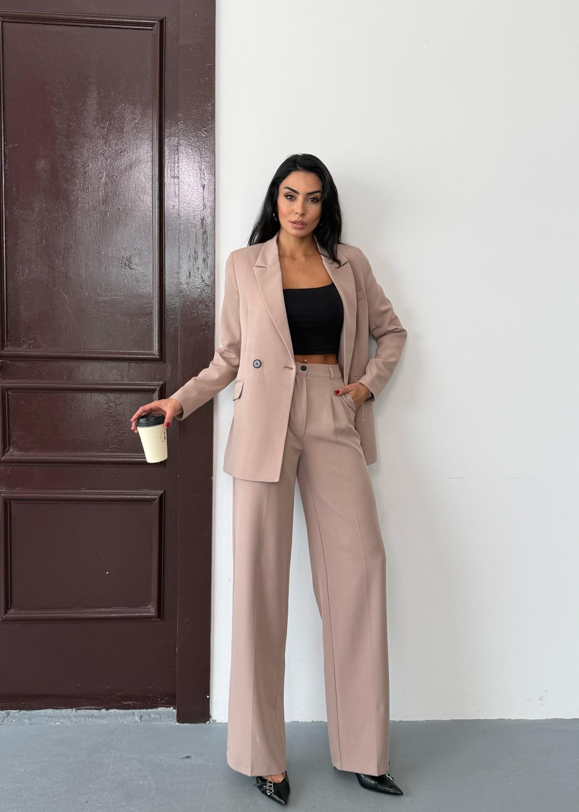 Bej Kadın Polly Viscon Takım – 1. Sınıf Kumaş Blazer Ceket & Palazzo Pantolon İkili Takım
