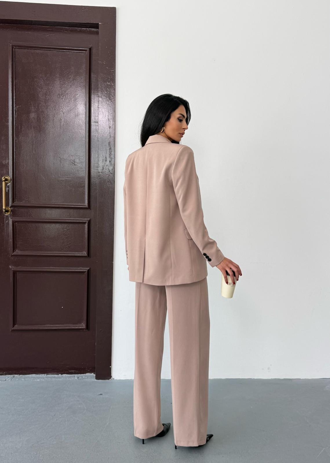 Bej Kadın Polly Viscon Takım – 1. Sınıf Kumaş Blazer Ceket & Palazzo Pantolon İkili Takım