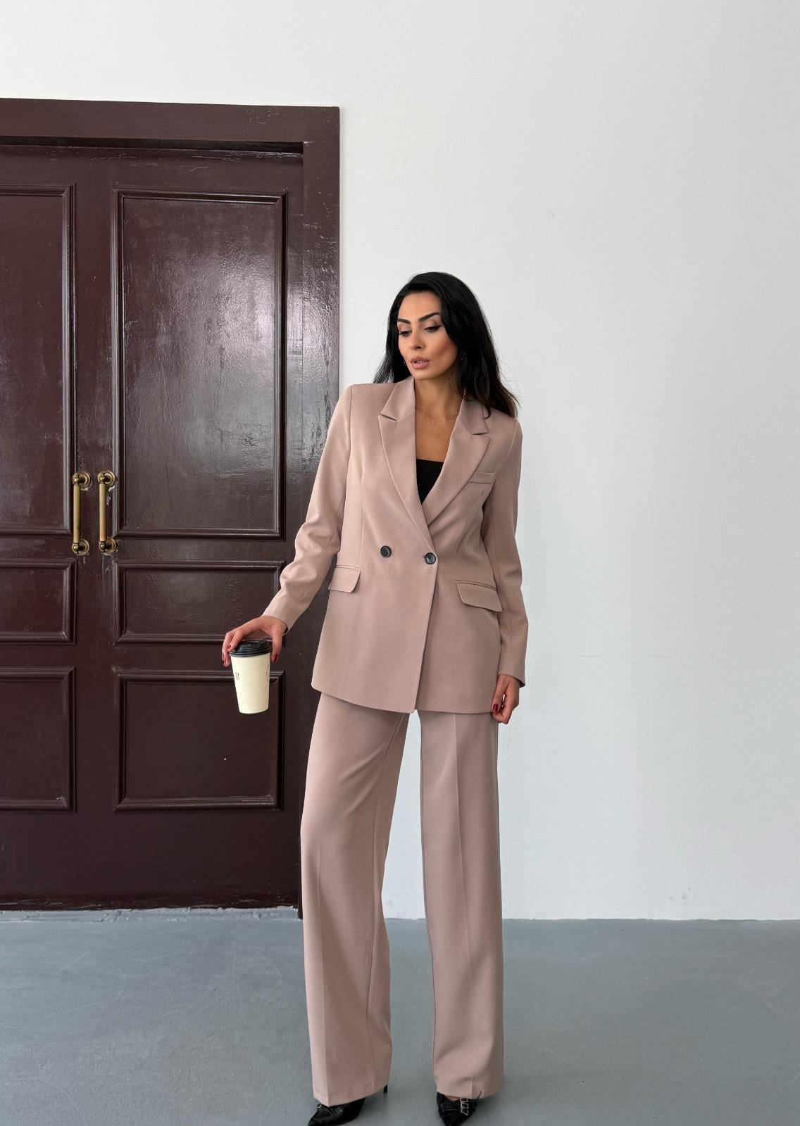 Bej Kadın Polly Viscon Takım – 1. Sınıf Kumaş Blazer Ceket & Palazzo Pantolon İkili Takım