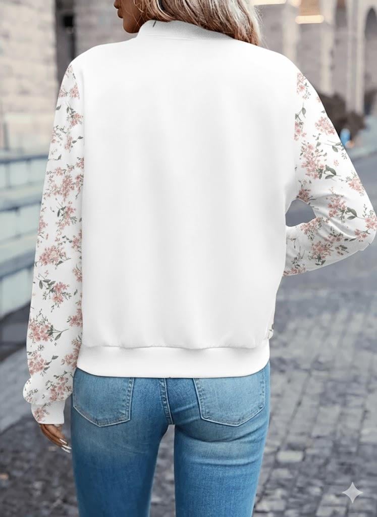 Beyaz Çiçek Desenli 3 İplik Bomber Ceket – Fermuarlı Mevsimlik Şık Model