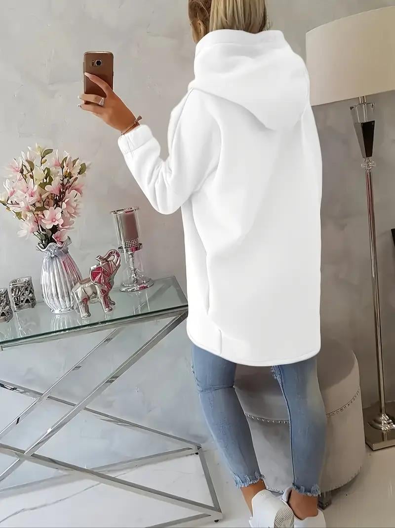 Beyaz Kadın Asimetrik Fermuarlı Oversize Kapüşonlu Sweatshirt – Kalın Kumaş – Rahat Günlük Tarz