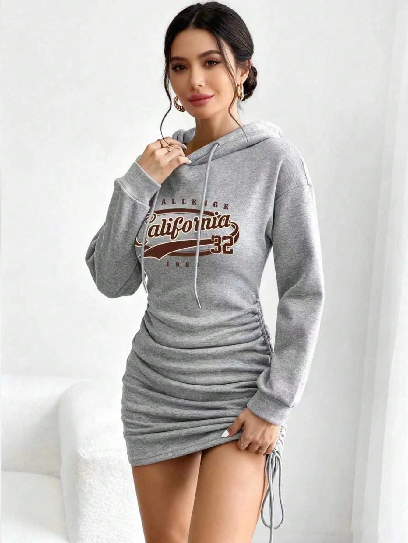 California Baskılı Gri Yan Büzgülü Kapüşonlu Mini Sweatshirt Elbise