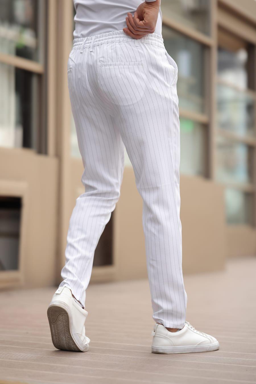 Çizgili Kumaş Beyaz Siyah Jogger Pantolon