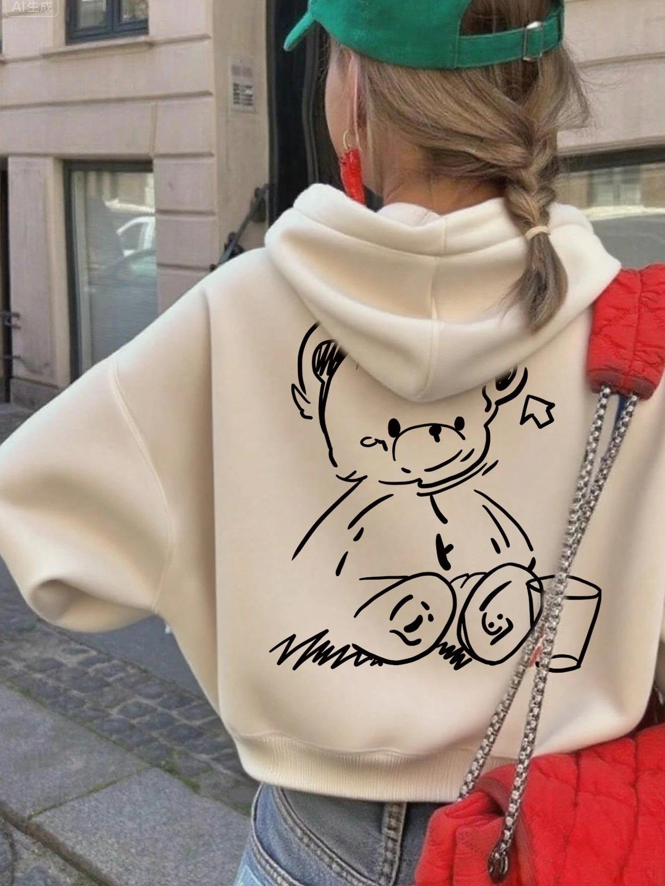 Çocuk Oversize Kapüşonlu Ekru Sweatshirt – Sevimli  Ayıcık Baskılı Kapüşonlu Sweatshirt