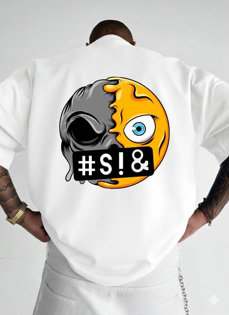Cyber Skull Emoji Baskılı Oversize T-shirt - %100 Pamuk Süprem - Beyaz Grafik Tişört