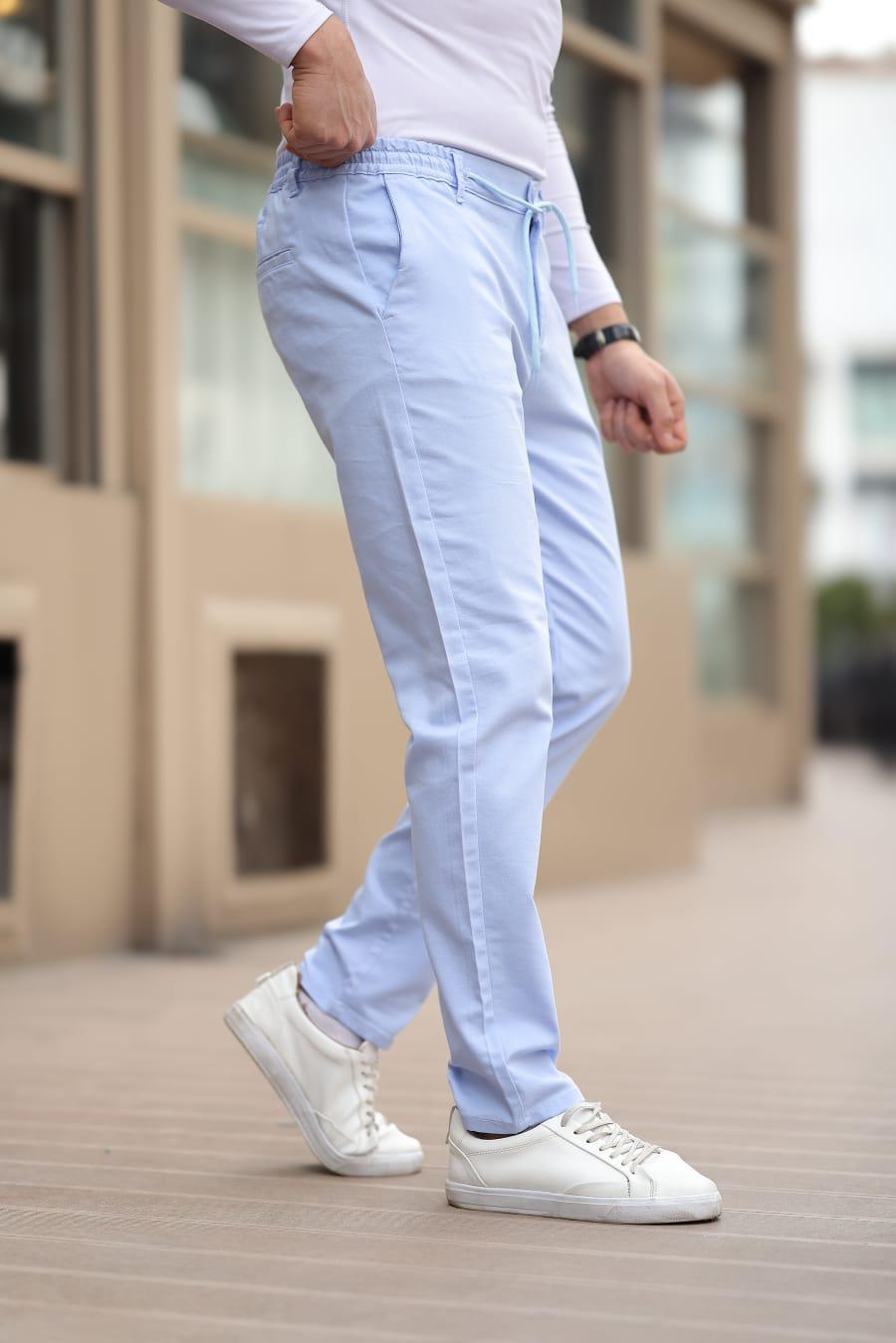 Düğmeli Düz Kumaş Buz Mavisi Jogger Pantolon