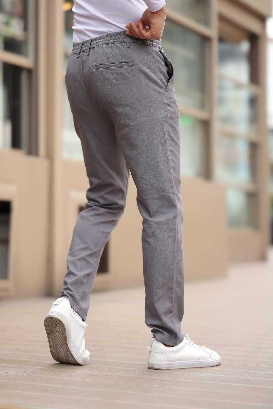 Düğmeli Düz Kumaş Gri Jogger Pantolon