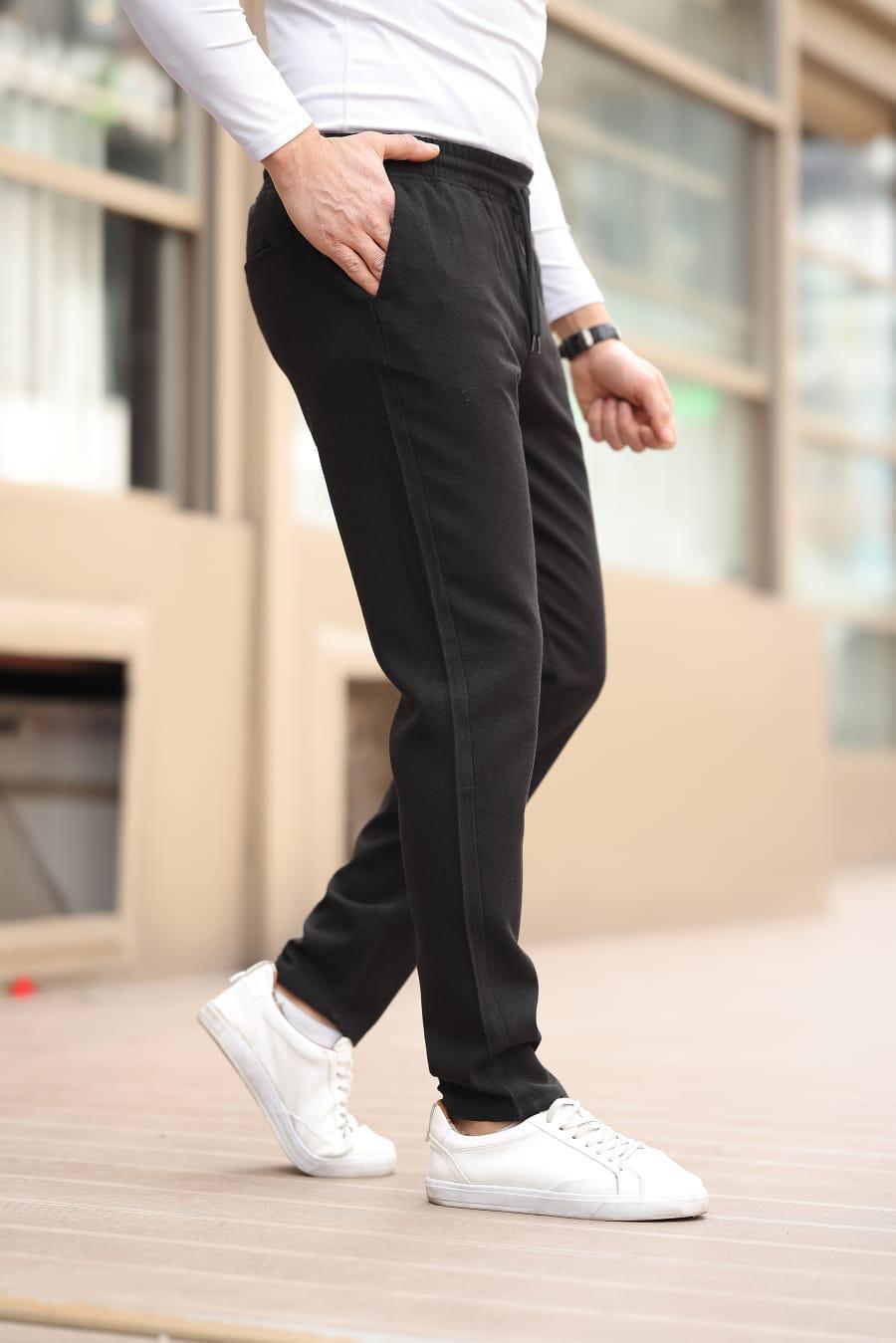 Düğmesiz Düz Kumaş Siyah Jogger Pantolon