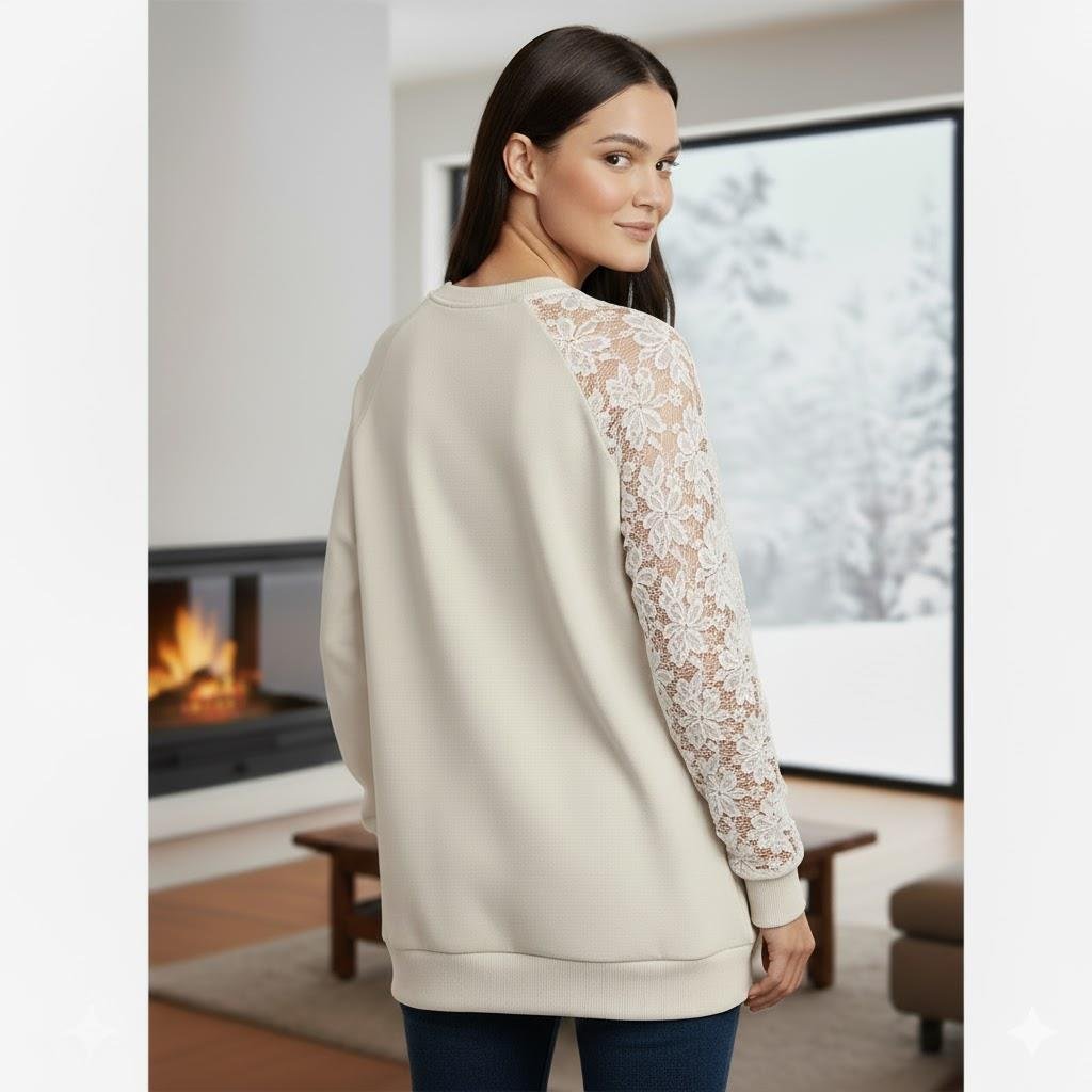 Ekru Dantel Detaylı Sweatshirt – Şık ve Rahat Günlük Kadın Üst – Yumuşak Kumaş